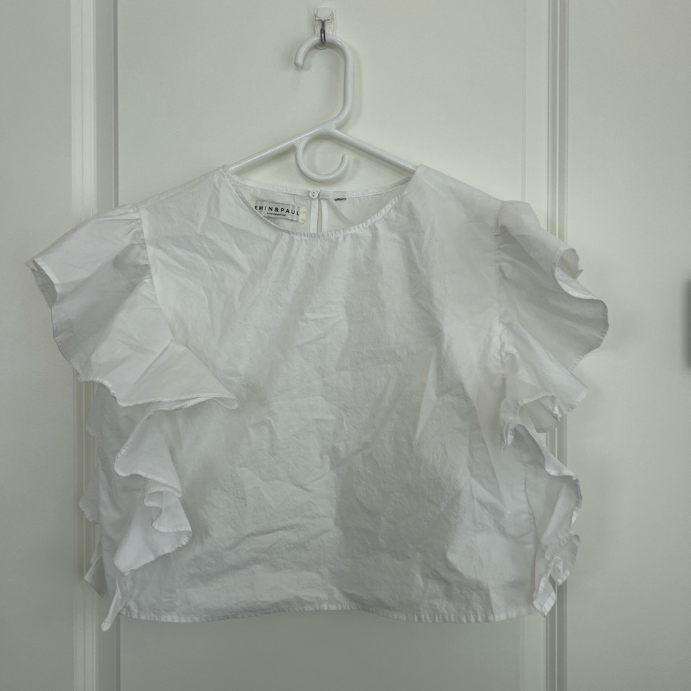 Emin + Paul White Ruffle Sleeve Crop Top Runway Sample Xs 100% Cotton View 4